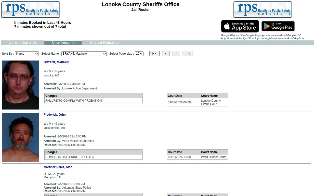 Lonoke County RPS New Inmates last 48 hours interface