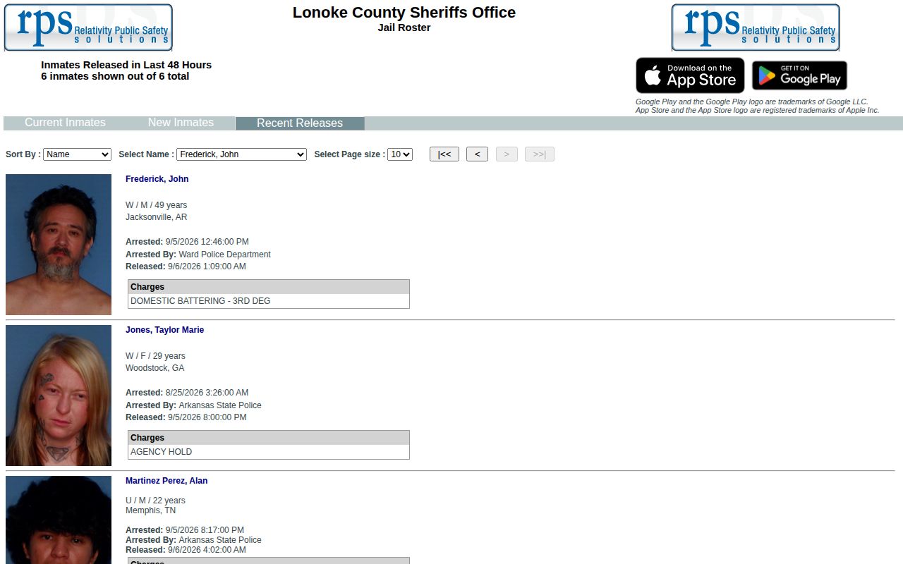 Lonoke County arrest report fallback showing recent jail releases
