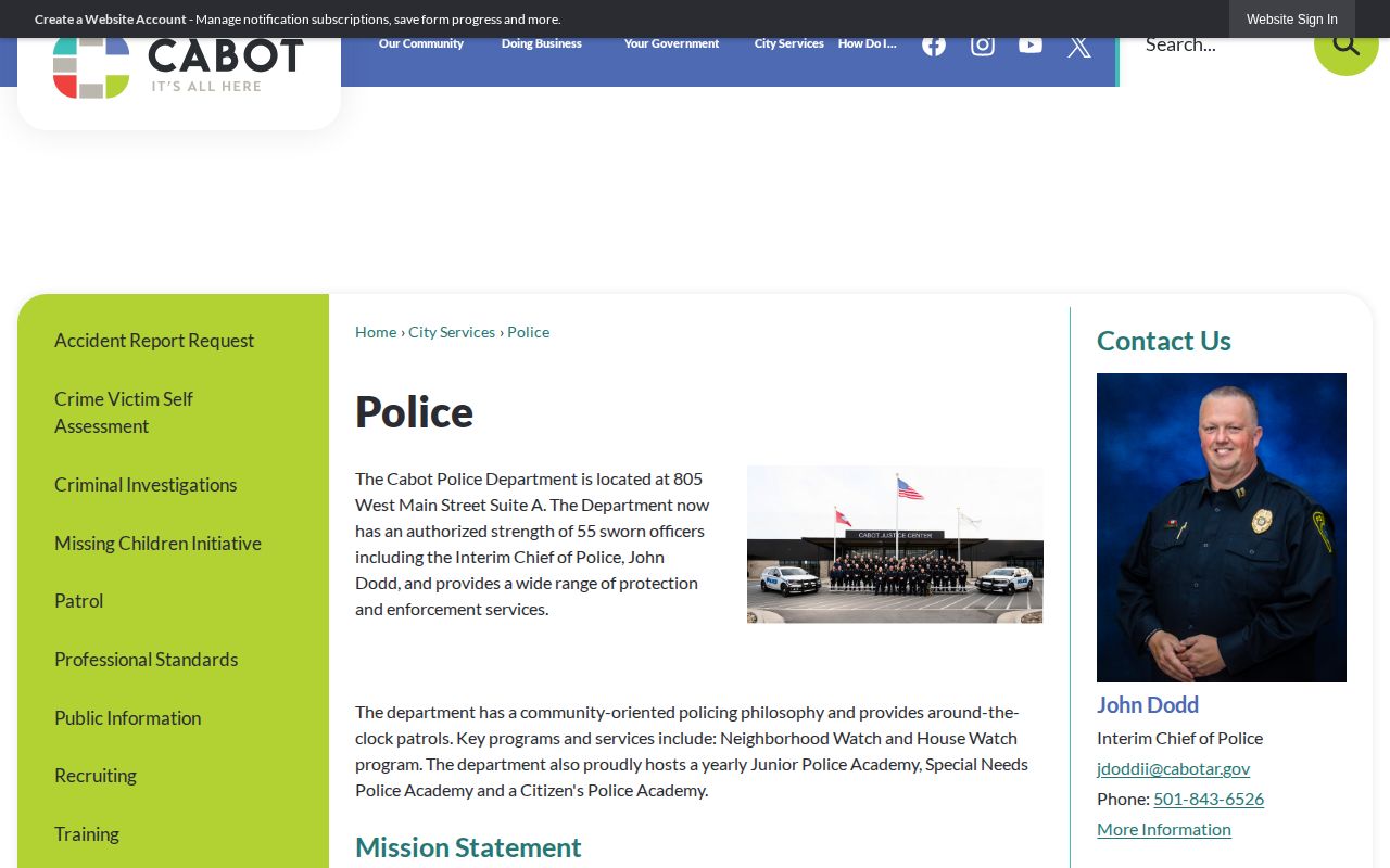Cabot Police Department official webpage with city contact information