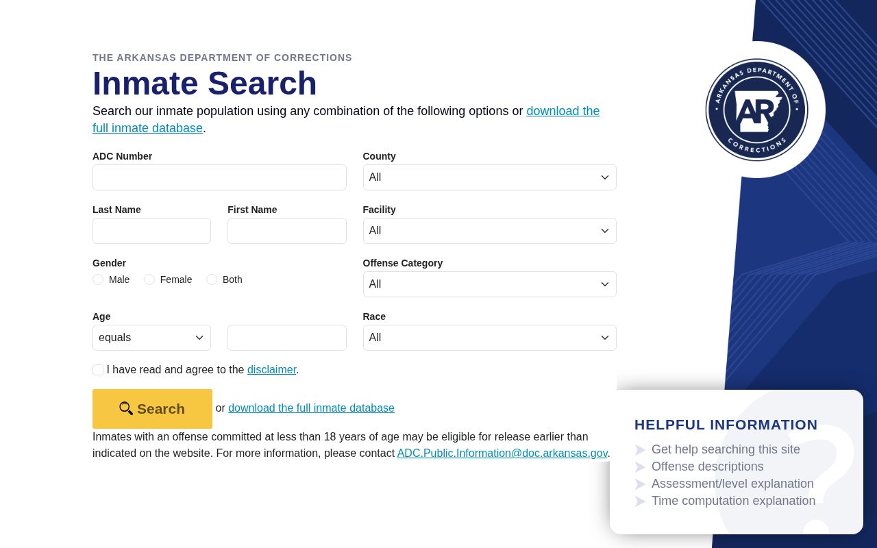 Arkansas Division of Correction inmate search fields